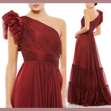 NWT Mac Duggal [ 6 ] 67878 Ruffle One Shoulder Chiffon A-Line Gown Red Wine S900