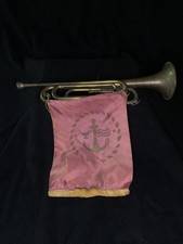 Antique Mid-Century Ludwig Brass Bugle with Mouthpiece and Maritime/Navy Flag
