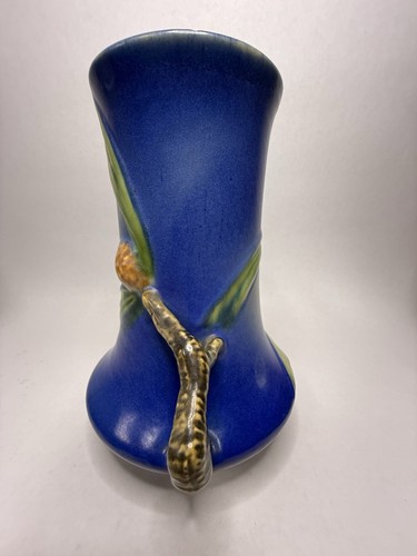 Roseville Pinecone Blue Vase 842-8” Double Handle Vintage Art Pottery USA B10 - Picture 8 of 18