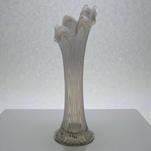 Fenton White Opalescent Stretch Glass Vase Ruffled Rim Diamond Point Vintage