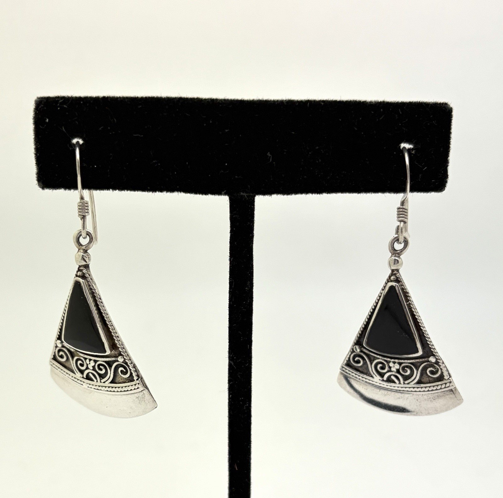 Solid Sterling Silver/Blk. Onyx Triangle Dangle E… - image 5
