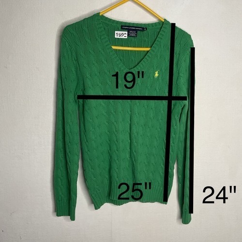 Polo Ralph Lauren grün 100% Baumwolle Zopfmuster V-Ausschnitt Pullover Damen Gr. XL Logo - Bild 4 von 11