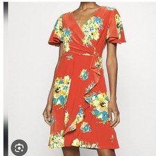 LAUREN Ralph Lauren Red Floral Wrap Midi Dress Short Sleeve Flutter designer 6
