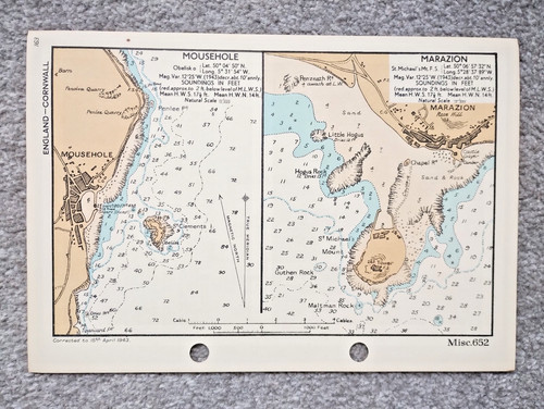 Mousehole & Marazion- 1943 Vintage Admiralty Royal Navy Map (Seller Ref B3)