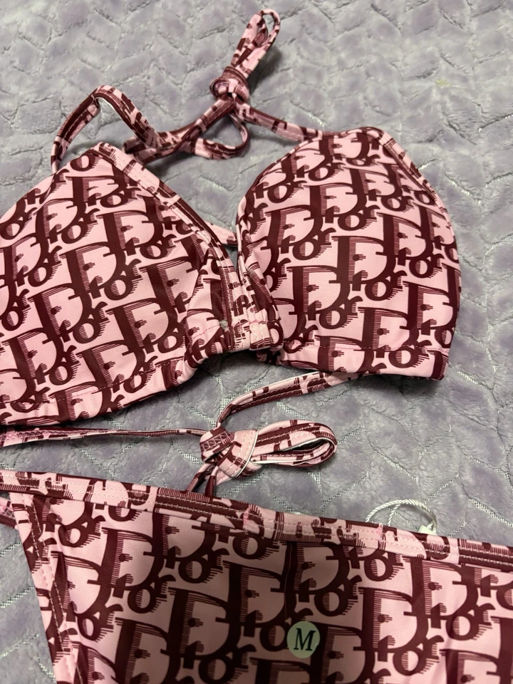 Conjunto de traje de baño bikini para mujer Christian Dior rosa-blanco de nailon, talla M con etiquetas Foto 4 de 4