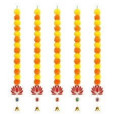 5PCS Artificial Marigold Garland with Lotus and Bell for Diwali Decoration, M...