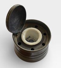 Antique Railway pewter Inkwell Porcelain Insert Victorian Writing Ink Pot