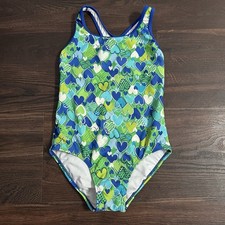 Girls size 10 Speedo Blue and Green One Piece Swimsuit with Hearts Pattern