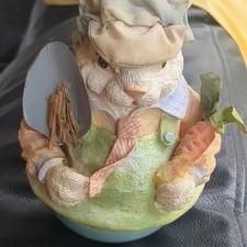 Rabbit Figurine with Carrot and Shovel, Painted Multicolor Resin, Easter Decor