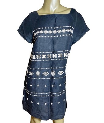 White Stuff Linen Dress Size 8 Kimchi Embroidered Tunic Dress Navy White BNWT