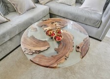 42x42 Inches Clear Epoxy Round  Sofa Table Natural Wooden Live Edge Home Decors