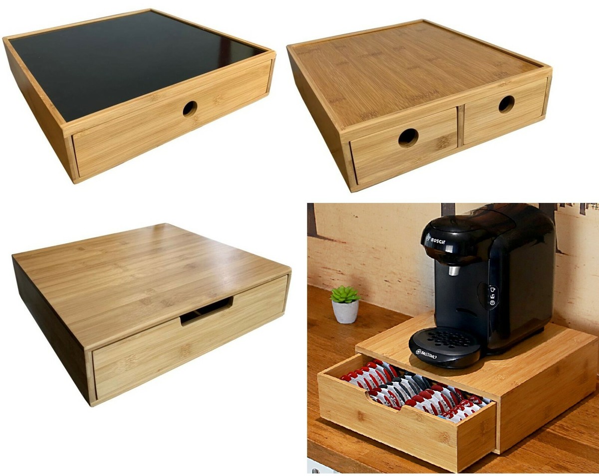 Bamboo tea coffee pod holder machine stand with drawer organizer