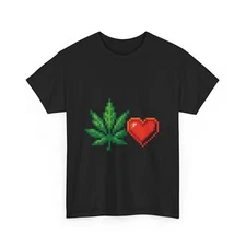 8-Bit Pixel Weed Love T-Shirt Retro Gamer Stoner Tee Cannabis Heart Design 420