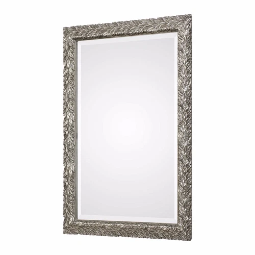 EVELINA 35" EMBOSSED LEAF BEVELED WALL VANITY MIRROR AGED BURNISHED SILVER 09359 - Picture 3 of 4