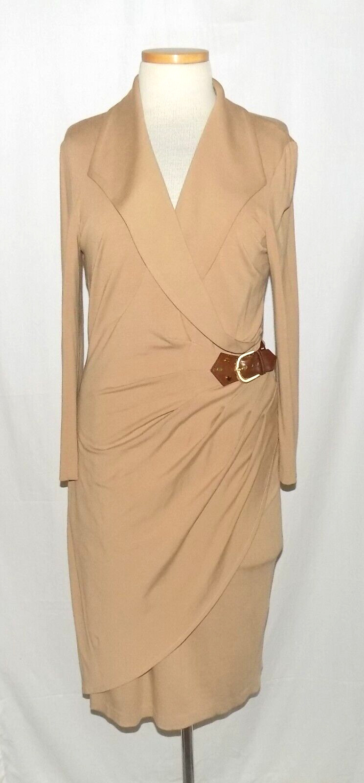 Cache Tan Stretch Jersey Collared Surplice-Neck Faux Wrap Belted Sheath Dress L