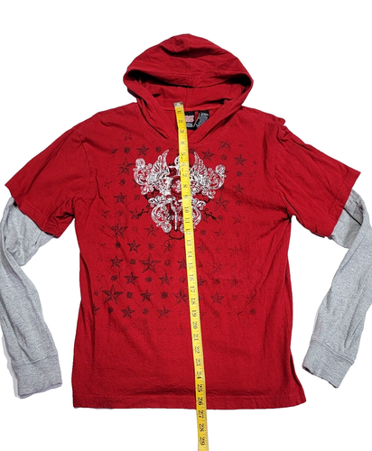 Point Zero Skull Sword Graphic Hooded Thermal-Sleeve Streetwear Red Shirt Men XL - Picture 2 of 9