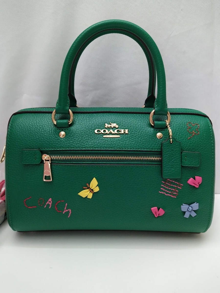 Coach Rowan Satchel With Diary Embroidery Green Leather Crossbody