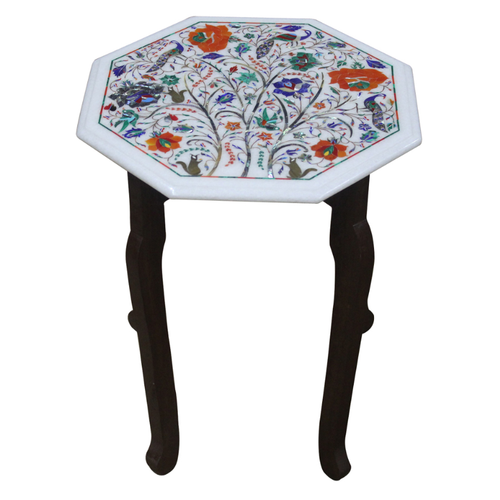100% Genuine 12" White Marble Inlay Table, Marquetry Peacock Design Pietra Dura - Picture 6 of 16