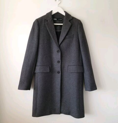 Zara Ladies Anthracite Grey Manteco Wool Coat Size S Small 8 10  - Afbeelding 1 van 10