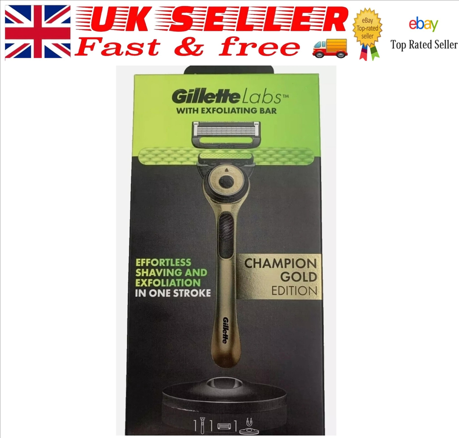 GILLETTE LABS MEN'S CHAMPION GOLD EDITION RAZOR WITH EXFOLIATING BAR & STAND