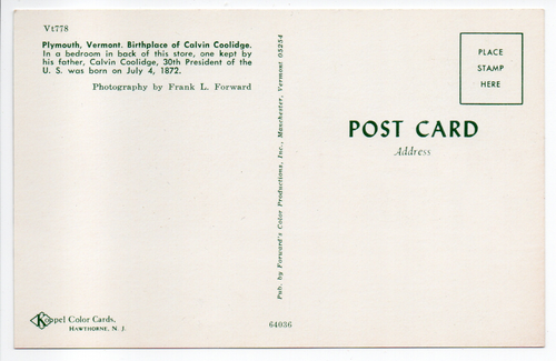 Plymouth VT Calvin Coolidge Birthplace Vermont Vintage Chrome Postcard Unposted - Picture 2 of 11