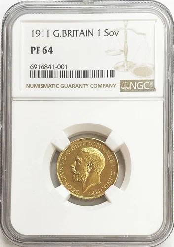 1911 GOLD GREAT BRITAIN 1 SOVEREIGN KING GEORGE V COIN NGC PROOF 64 