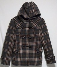 Etam Brand Wool Dark Gray Orange Plaid Winter Jacket Hood Womens 165/84a, Xs Euc