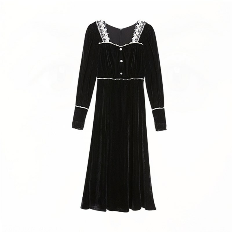 Lady Velvet Midi Dress Square Collar Lace Frill Lolita Gothic Slim Retro Pleated