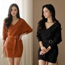 Tubino Vestito Abito Donna Elegante Manica Lunga Marrone Nero In Maglia 24019