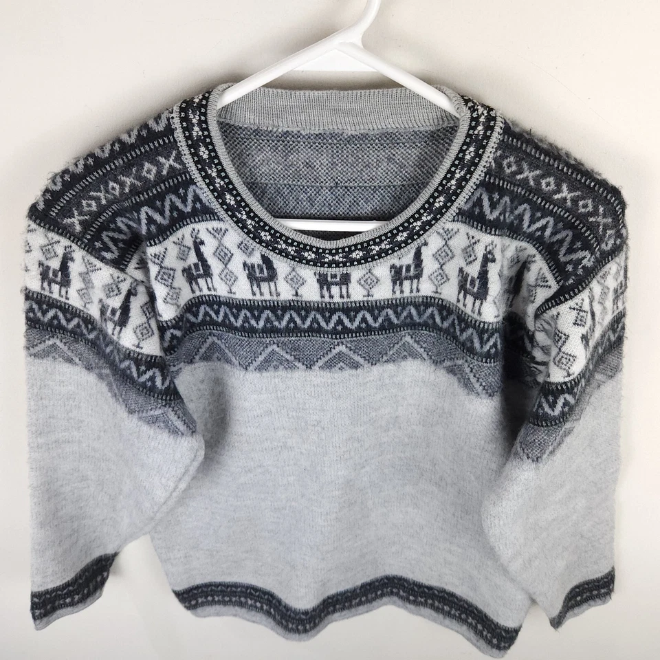 Peruvian Connection Sweater Women Gray Fair Isle Striped Alpaca Round Neck Fuzzy - Imagem 3 de 4