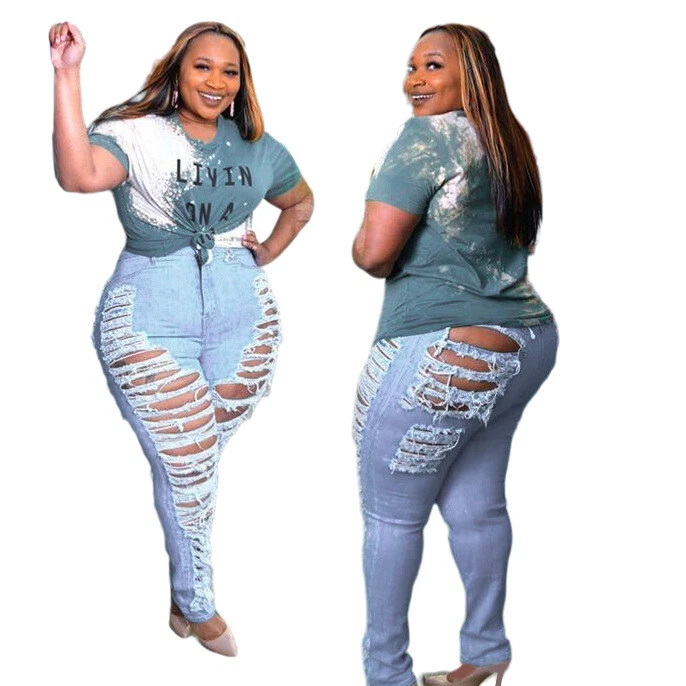 NEW Women Stylish Ripped Burn Out Patchwork Casual Plus Size Denim Pants  Bottom