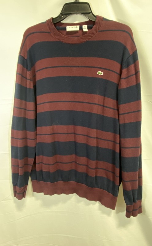Lacoste Men's Burgundy Navy Blue Striped Cotton Crewneck Sweater Sz XXL