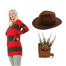 Mujer Freddy Krueger Traje Rayas Jersey Sombrero Pinza Disfraz de Halloween