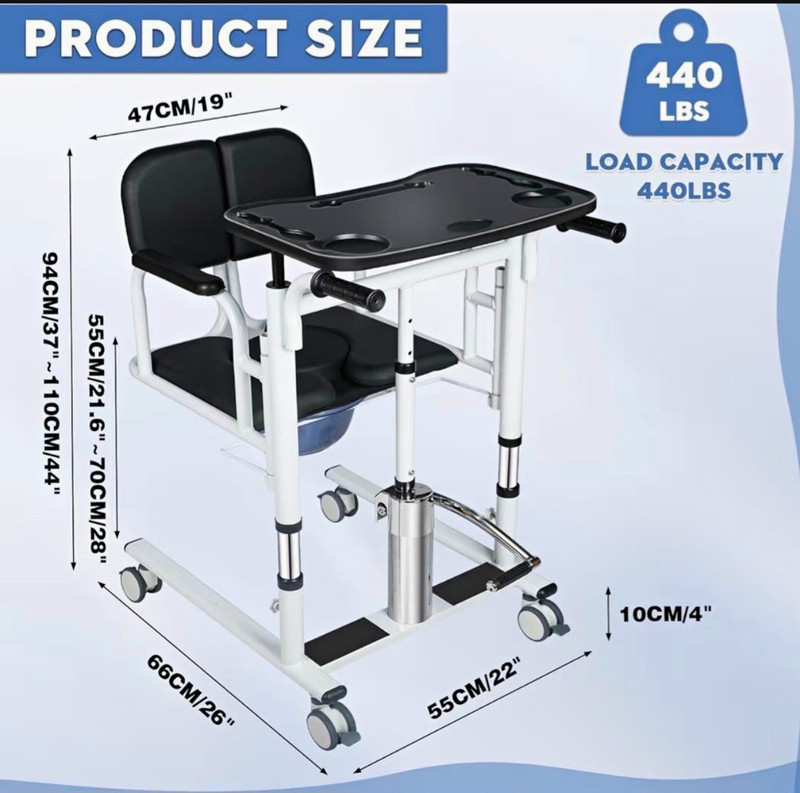 Bedside Commode Wheelchair Patient Lift, Adjustable Height, 440 lb, White/Black