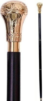 Handcrafted Black Wooden Walking Stick with Brass Gold Knob Handle Victorian Sty
