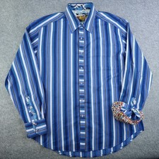 Robert Graham Shirt Mens XL Blue Striped Flip Cuff Contrast Long Sleeve Button