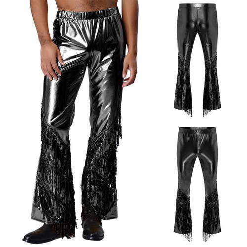 Mens 70s Disco Metallic Shiny Long Pants Bell Bottom Tassel Dance Trousers - Picture 17 of 44