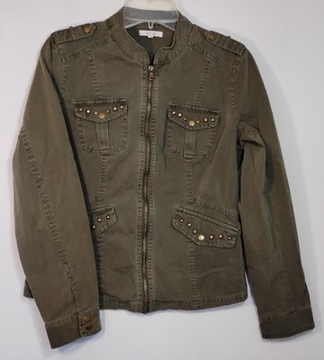 Maurices Womens Jacket Sz M Olive Green Studded Button Flap Pockets Full Zip  M9