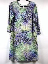 Jean Pierre Klifa Dress L Animal Print Purple Green Stretch Shift 3/4 Sleeve USA