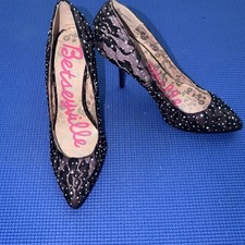 Betseyville by Betsey Johnson Black Lace  Rhinestone High Heel Pumps Size 8.5