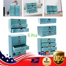 5 Pcs Retro Wooden Desktop Organizer Wooden Storage Drawers for Tabletop (Blue)