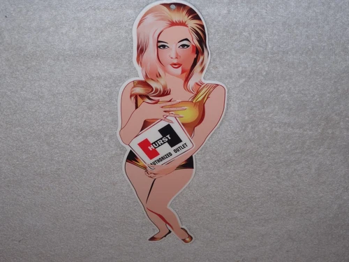 VINTAGE HURST AUTHORIZED PARTS OUTLET BLONDE WOMAN  14" METAL GASOLINE OIL SIGN!