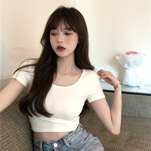 Camiseta slim fit cuello en U para mujer sin vientre corta informal monocromática - Imagen 9 de 24