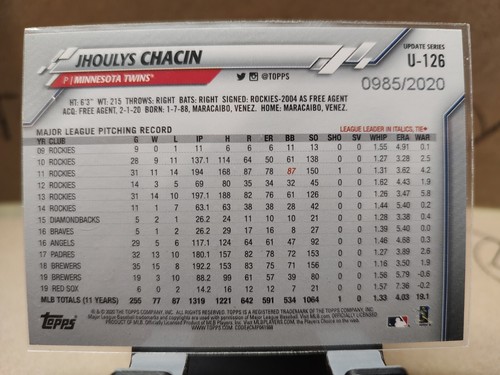 2020 Topps Update Gold #U126 Jhoulys Chacin Minnesota Twins /2020 - Picture 2 of 2