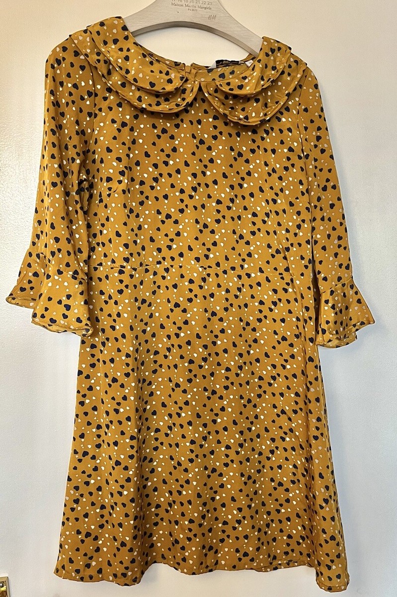 NEW LOOK Mustard Navy Blue Heart Print Collared Dress Size 10