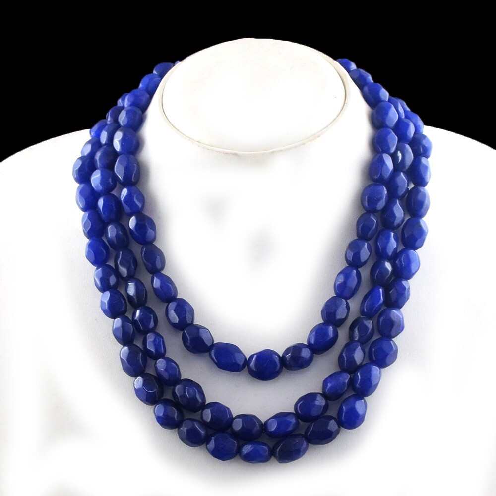 宝石 3 656 Cts 3 Strand Blue Sapphire Wonderful Womens Necklace Jewelery