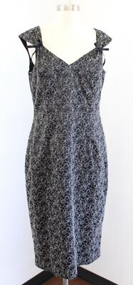 David Meister Black V Neck Floral Embroidered Bow Sheath Dress Size 12 Career