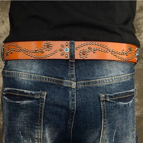 Real Leather Waist Belt Heavy Metal Stone Rivet Studded Unisex Punk Waistband - Picture 15 of 28