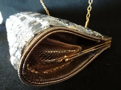Pochette De Soirée Strass Carreaux Miroir - Blanc Irisé, Doré, Occasion Comme Neuf