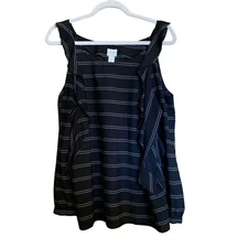 Chicos Top Womens Medium Black White Stripe Cold Shoulder Ruffle Blouse Ladies